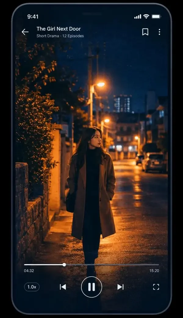 秋霞影院 App 竖屏播放界面示意，展示夜景短剧画面